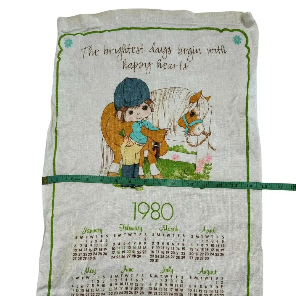 PRECIOUS MOMENT 1980 Vintage Linen Tea Towel Calendar Girl Horse Gibson Greeting